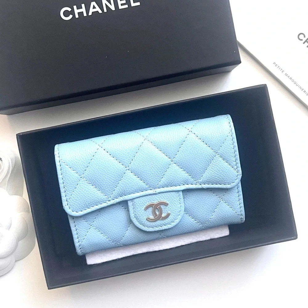 🔥 CHANEL Caviar Quilted Flap Cardholder in Sky blue